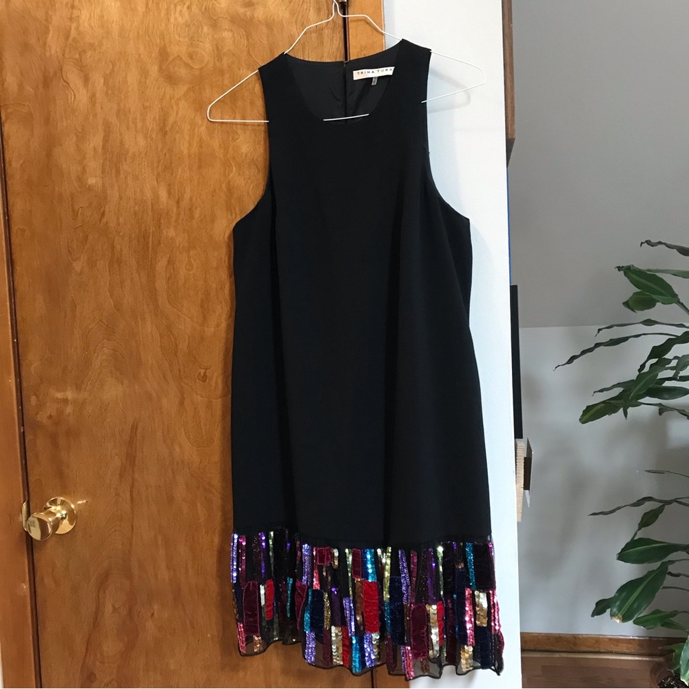 Trina Turk Berry Dress Size 10 Black with Multicolored Sequin Bottom Sleeveless